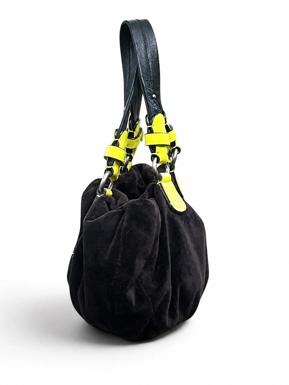 Vintage Y2K Juicy Couture Black Velour Hobo Bag Neon Yellow Scottie Crown Logo